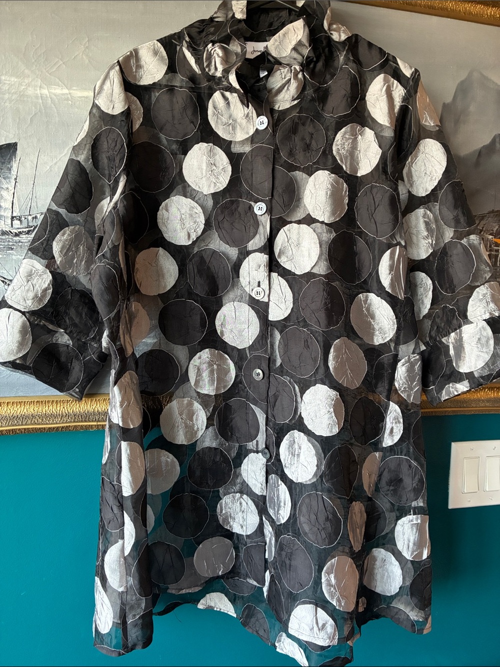 Joseph Ribkoff Sheer Polka Dot Blouse/Kimono | Abstract Art Print | Size 12